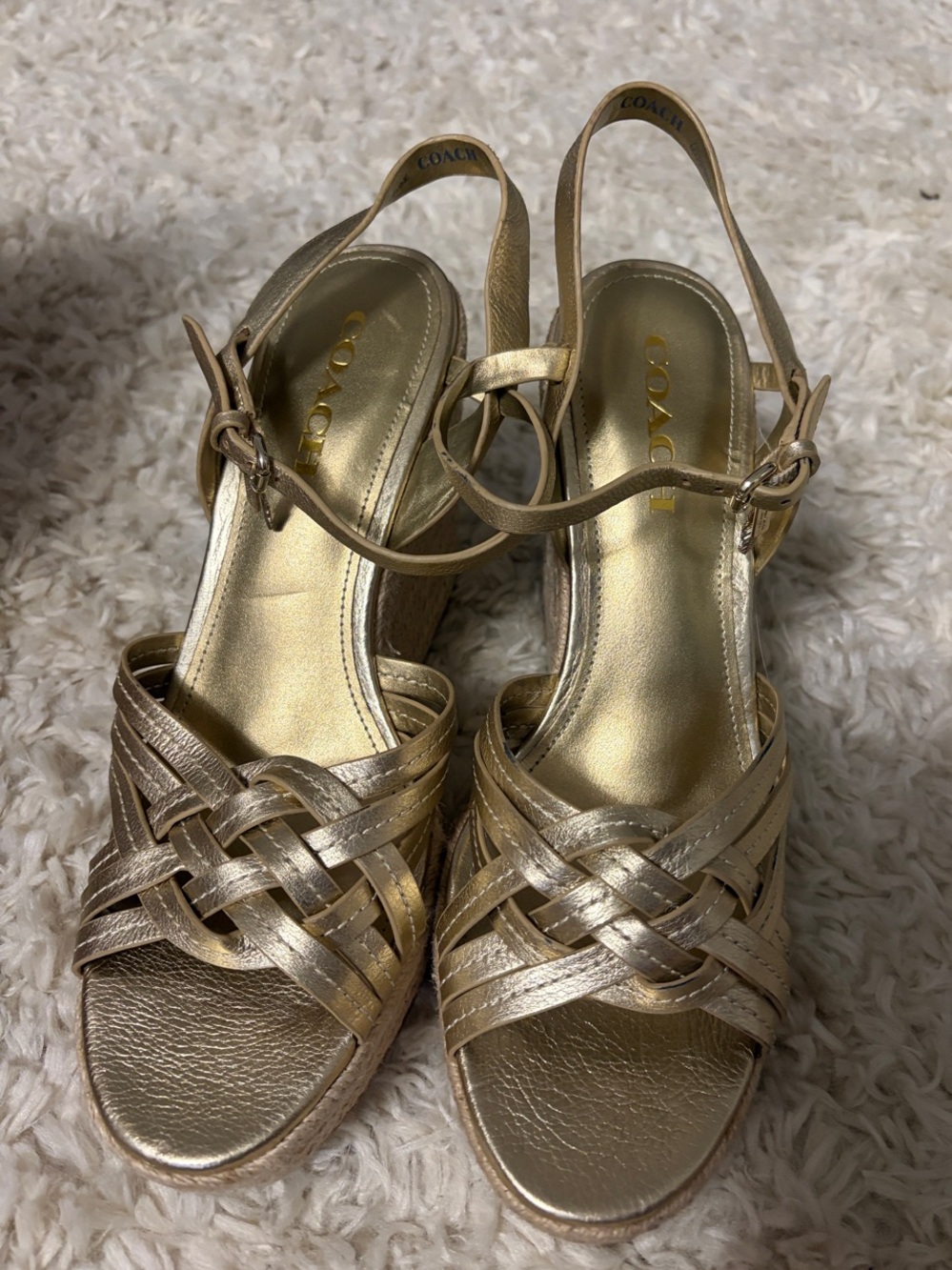 Coach Metallic Gold Woven Wedge Slingback Sandals